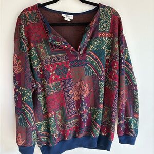 Red and Green Long Sleeve Tee with Intricate Pattern
